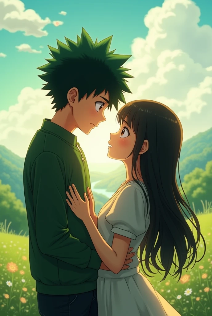 Izuku Midoriya with a girl with dark brown eyes, lower than him, of long hair, straight and black