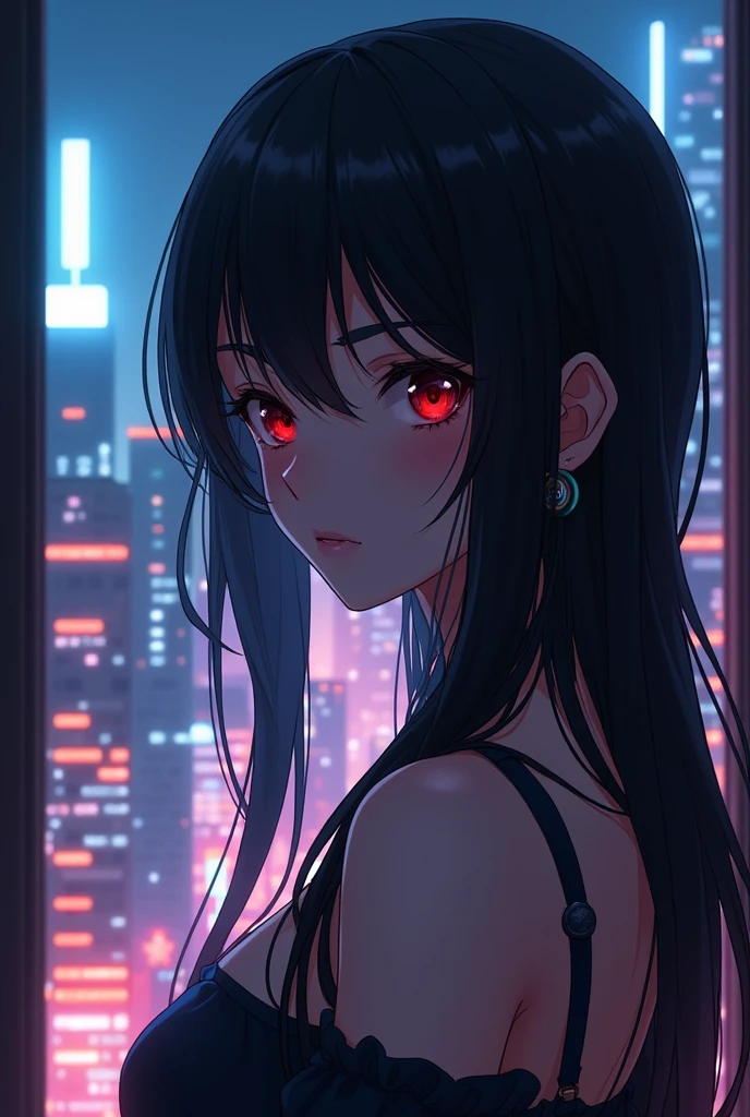 She looks cute on the outside but is very cold on the inside. She dresses conservatively but is a bit sexy. Her eyes are dark red, clearly showing a scary look, her hair is loose and long, she looks like an anime. She is studying through a window view a city with many lights of neon modern high-rise buildings in the evening.