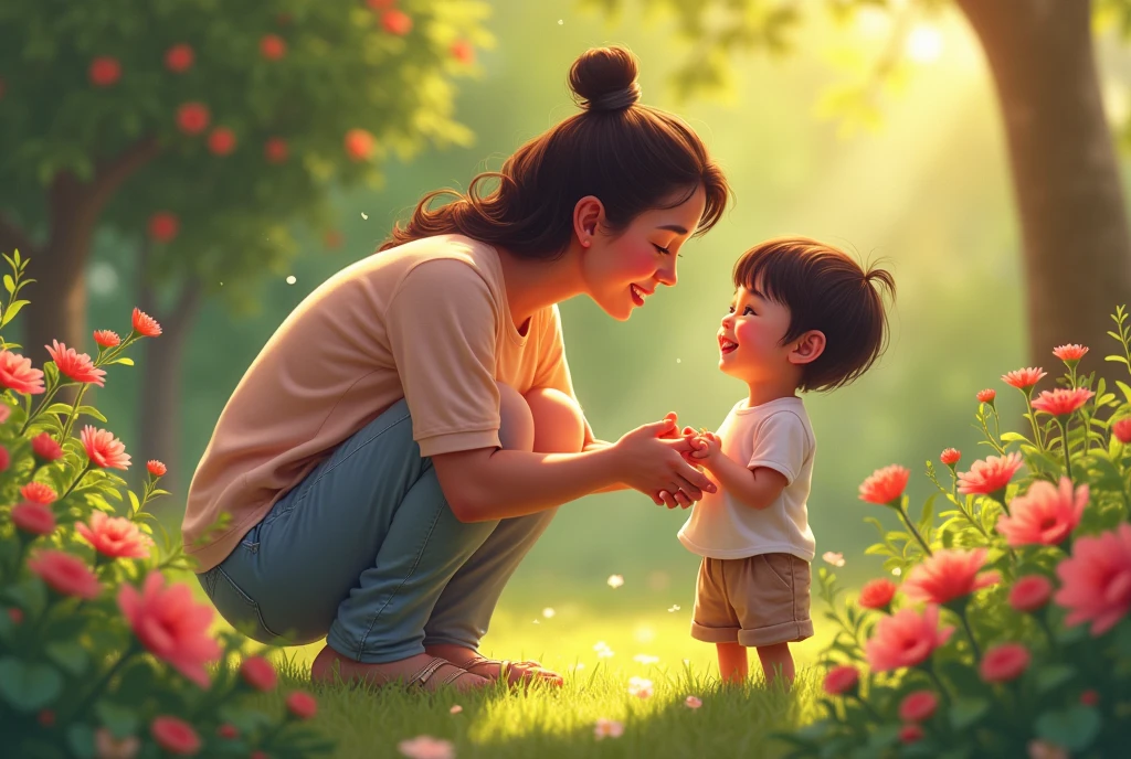 a mother squatting down and looking at her child tenderly, a happy child with a confident smile, no negative words or labels around, a beautiful garden in the background.