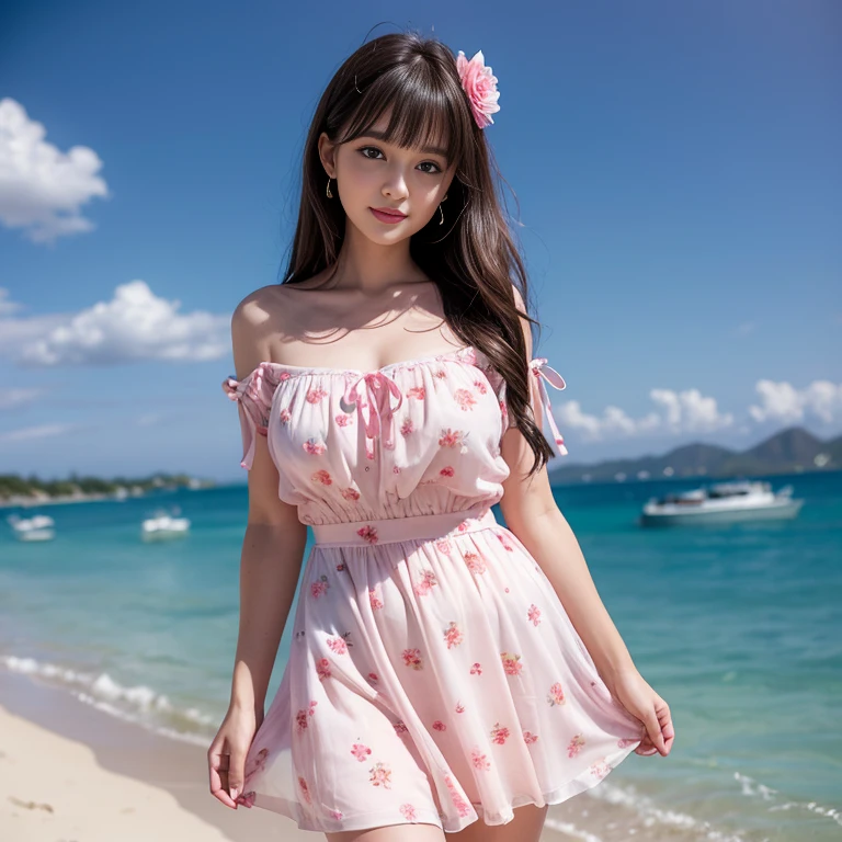 laughing out loud，travel scenery photos，Wear a sweet dress，Dress with pink flower pattern，Floral pattern scattered throughout the dress，Puff sleeves，Princess puff sleeves，Short sleeve，One-piece hem A-line skirt，（There is a layer of transparent mesh outside the skirt）, Fluffy and lightweight dress，（The dress is made of mesh）, There are pink ribbon bows on both sides of the collarbone.，A-line skirt with large hem，1 female, On the face, light brown hair, blunt bangs, hair behind ears, Shoulder-length hair, long hair, Slender body type, 超face slimming型, face slimming, delicate lips, beautiful eyes, Thin blush, Eyes are light brown,View here, (actual:1.3), One person's perspective, 8k, Super detailed, high quality, best quality, High resolution，2,above knee shot，Breast protrusion，Full breasts