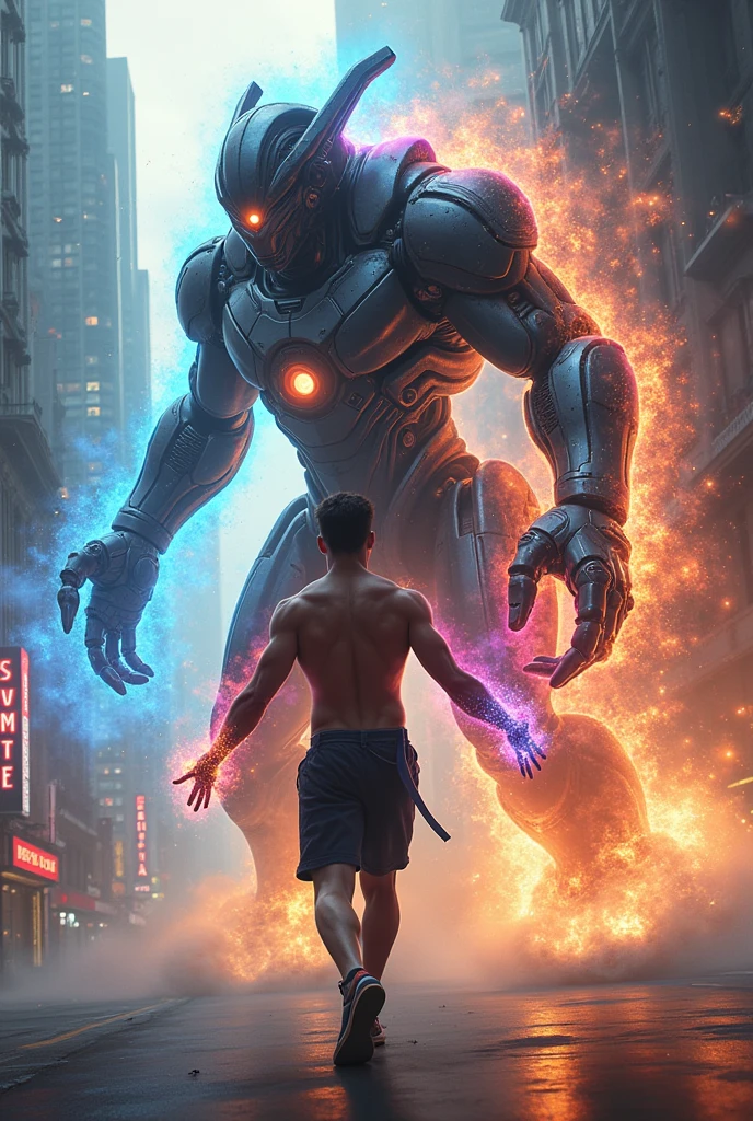A 20 years old boy with cosmic power's and rainbow light powers and shirt less fighting with big i-tech modified alien machine in modern city