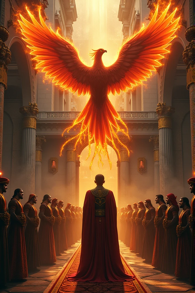 Combine the name: "SAM XVI" with a phoenix rising from the ashes, alongside a mansion of brilliant minds, wizards, and visionaries, in a gangster style, urban Venezuelan Latino.