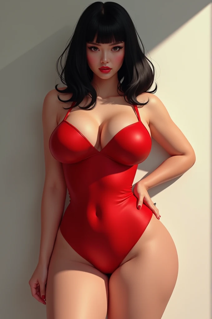 Beautiful white stocky girl with black hairs with long bob cut hairstyle with big boobs wearing red one piece