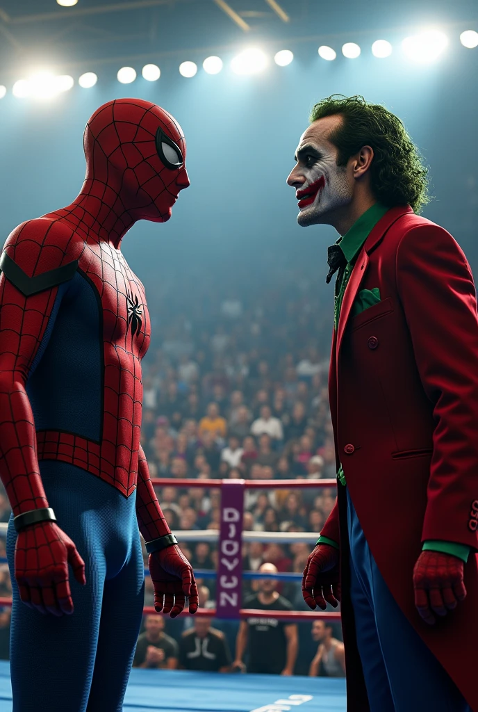 A spider man and a kid at boxing land with fans to fight joker