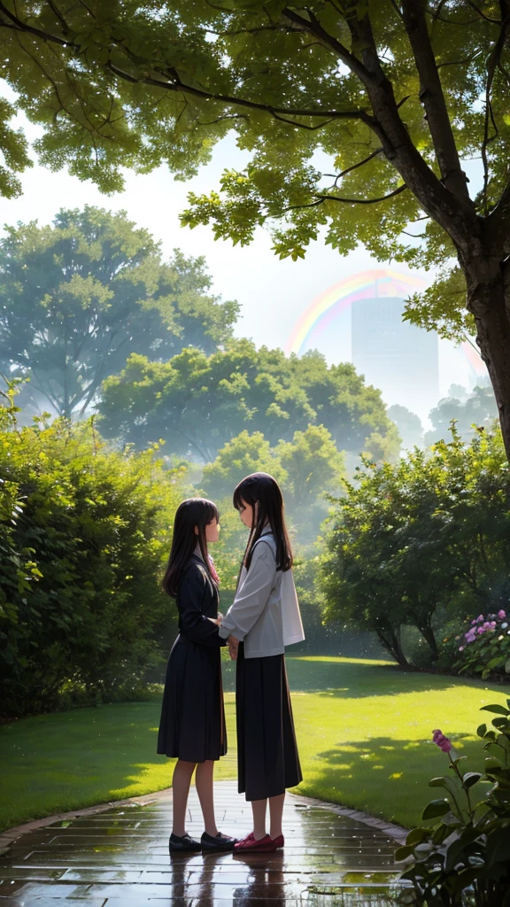 A girl is standing in a big garden and there is a pet with her. Both of them are looking at the sun. The sun is looking very big or it is also raining. The girl is getting wet in the rain. Both of them are looking at the trees or the rainbow has come out.