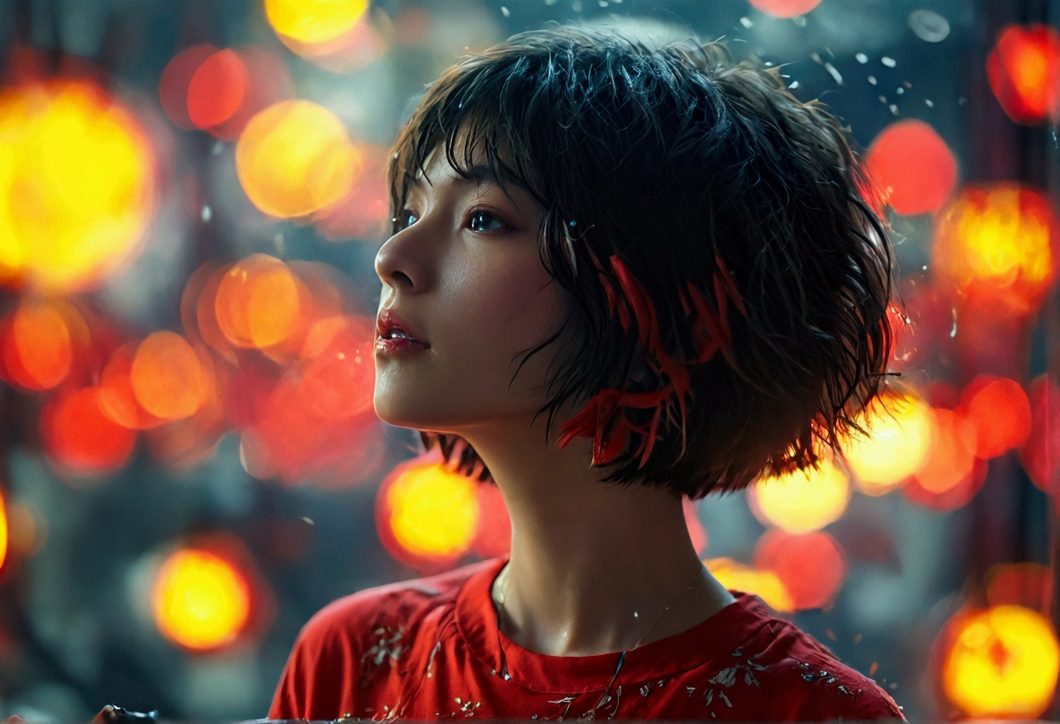 Wearing a red shirt、Short, messy bob hair