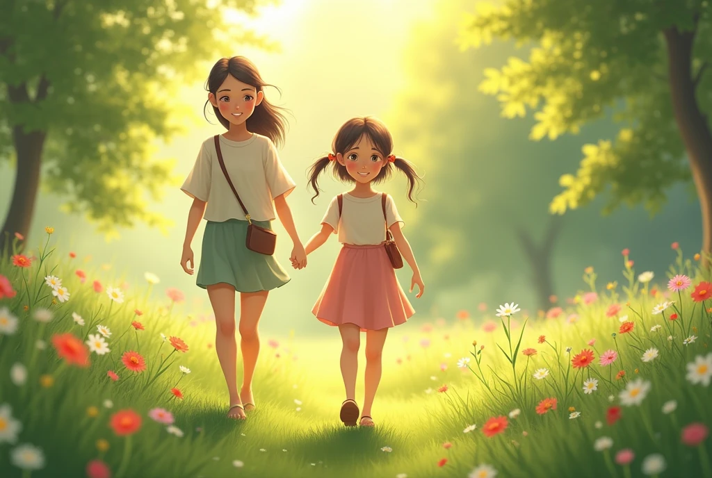 a girl walking slowly, a patient mother walking beside, warm sunlight, peaceful scenery with green grass and blooming flowers.