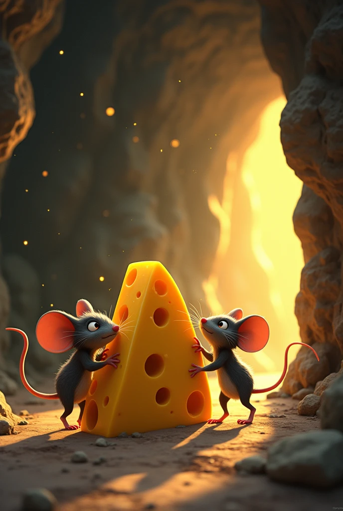 Lala the little mouse and Tito the mouse,
They put all their effort and managed to move the big cheese towards the exit of the cave..