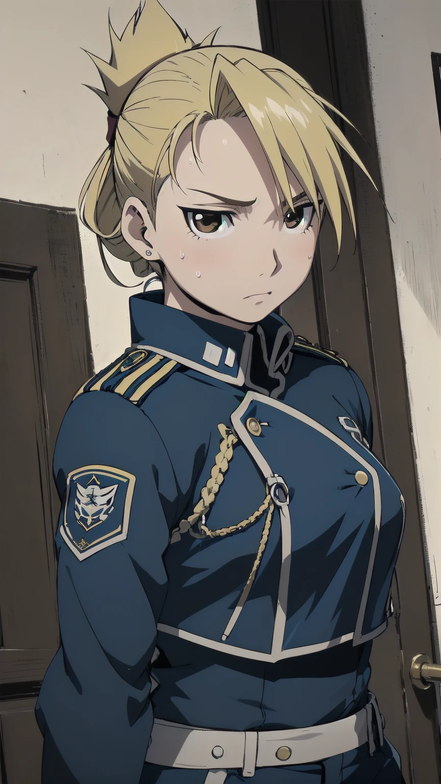 masterpiece, highest quality, High resolution, 1 girl, Hamriz, ponytail、brown eyes,big 、uniform, Blue jacket, Blue pants,, covered navel,inside the room、muscular body、blush、Sweat、Composition from the front、anime、(((中くらいのおっぱい、Upper body close-up)))