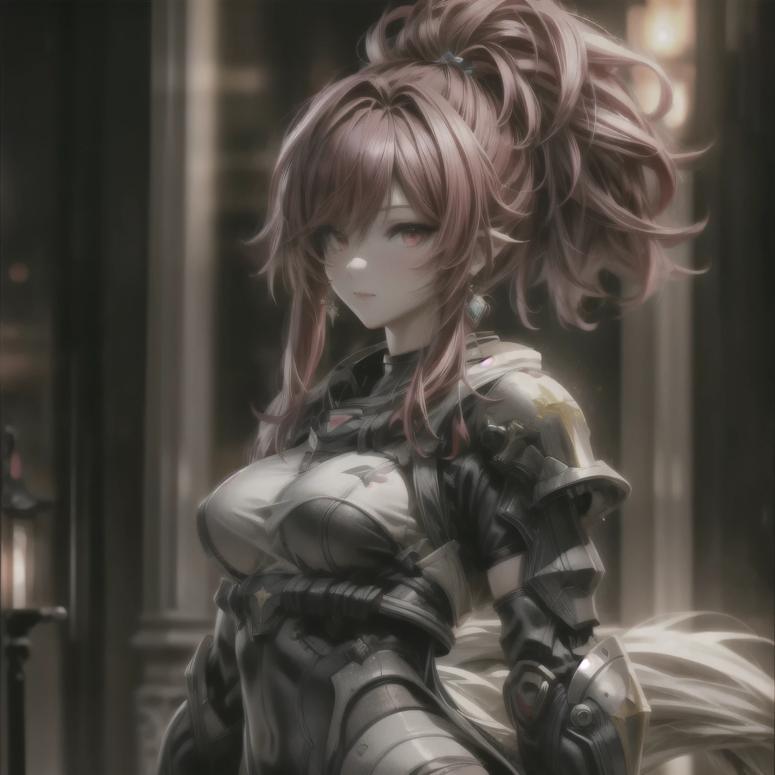 (best quality)), ((Masterpiece)), (details:1.4), 3d, HDR (high dynamic range), an image of a beautiful cyberpunk female, Hips up, cyberpunk, Fantasy, Red hair, High ponytail, beautiful Red eyes, จมูกโด่ง, ปากแดง, หน้าอกใหญ่, nvidia RTX, PBR surface, After processing, Anisotropic filtration,depth of field, Maximum clarity and clarity, multi-layered surface, Subsurface scattering, perfect proportions, 8K raw files, ultra detailed, Perfect proportions, volumetric lighting, soft lighting, Holy Paladin, Heavy Black Armor, glossy skin, Chapel background, jewely, ต่างหู, นิ้วมือสมบูรณ์,