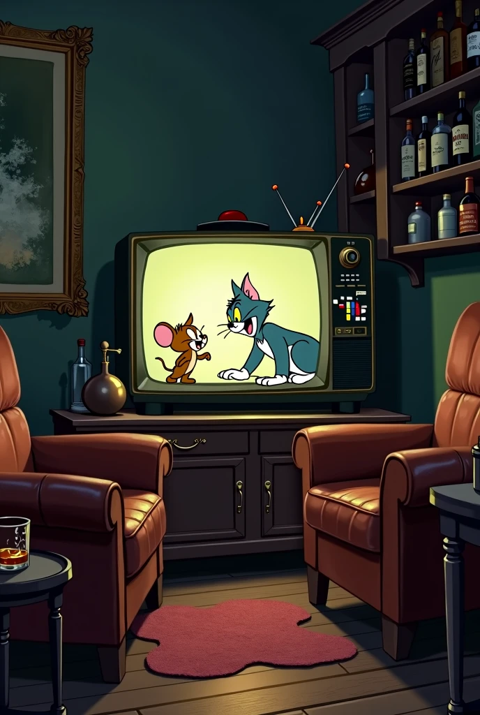 A dimly lit lounge with a TV showing Tom and Jerry