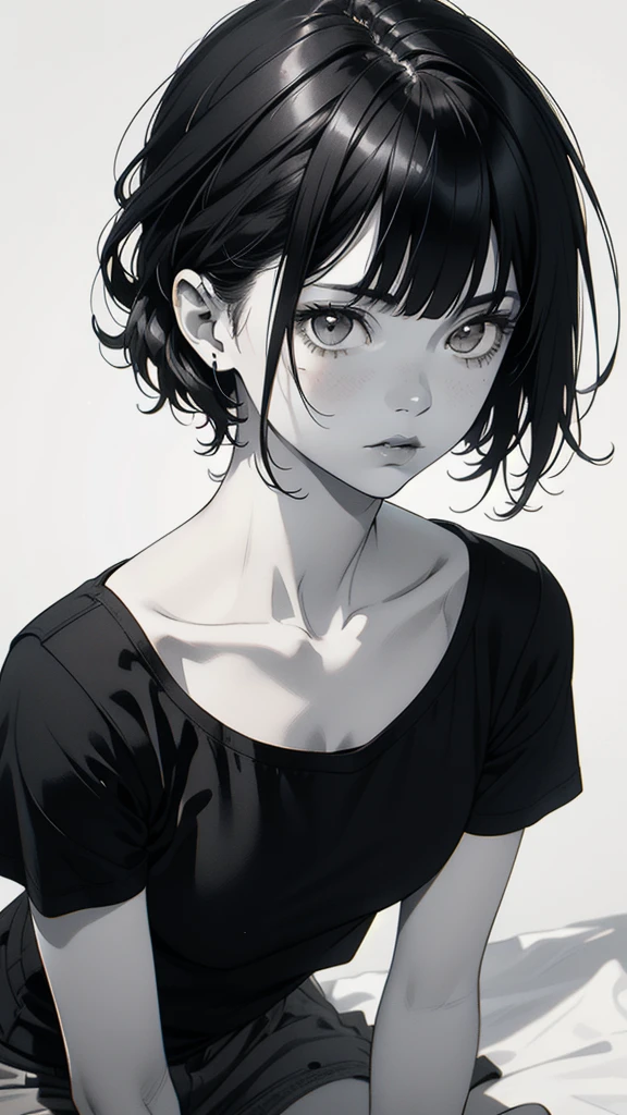1 boyish girl, solo, sharp eyes, monochrome, greyscale, short black hair, portrait, white T-shirt, closed mouth, looking at viewer, graphite \(medium\), detailed lips, hatching \(texture\), without makeup, bangs, upper body, (best illustration), (best quality), (very detailed), (masterpiece), expressionless,