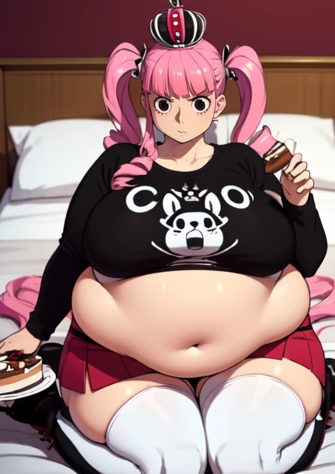 (masterpiece, best quality), 1girls, big belly, blurry background, huge belly, art by kipteitei, round belly, chubby, curvy, pink pony tails, red mini skirt, black and white striped thighhighs, simple_background, gradient_background, belly bursting out of white long sleeved reglan tee shirt ,(((black and white long sleeve tee shirt))), wearing a black and red crown , enormous belly, fat belly, thicc, bigger belly, really big belly, jiggly belly, giant huge belly, big enormous belly, ((((gigantic belly)))), bloated belly, fat belly, ginormous big belly, expanding big belly, sfw, safe for work, kneeling on bed, sfw (safe for work), perona , (((a person out of frame is feeding her cake, cake is being shoveled into her mouth, her lips are closed around a slice of cake, a platter of cake, she has her mouth open wide f))), sweating, blushing, (mouth open wide, she is saying aaah), ((her belly is being grabbed and played with by floating hands)), she is wearing red tall laced up boots, wearing red cloak