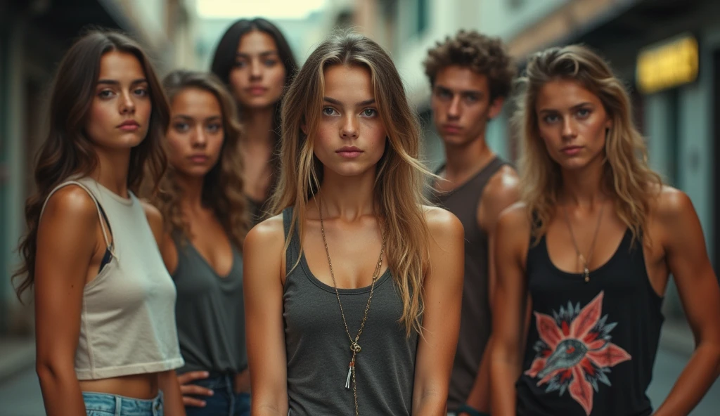 A movie-like photo of a teenage girl in skater fashion and her male and female friends. Everyone is wearing a tank top.