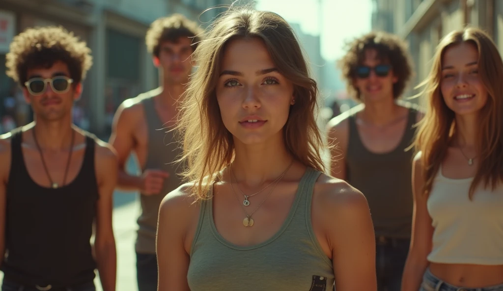 A movie-like photo of a teenage girl in skater fashion and her male and female friends. Everyone is wearing a tank top. 