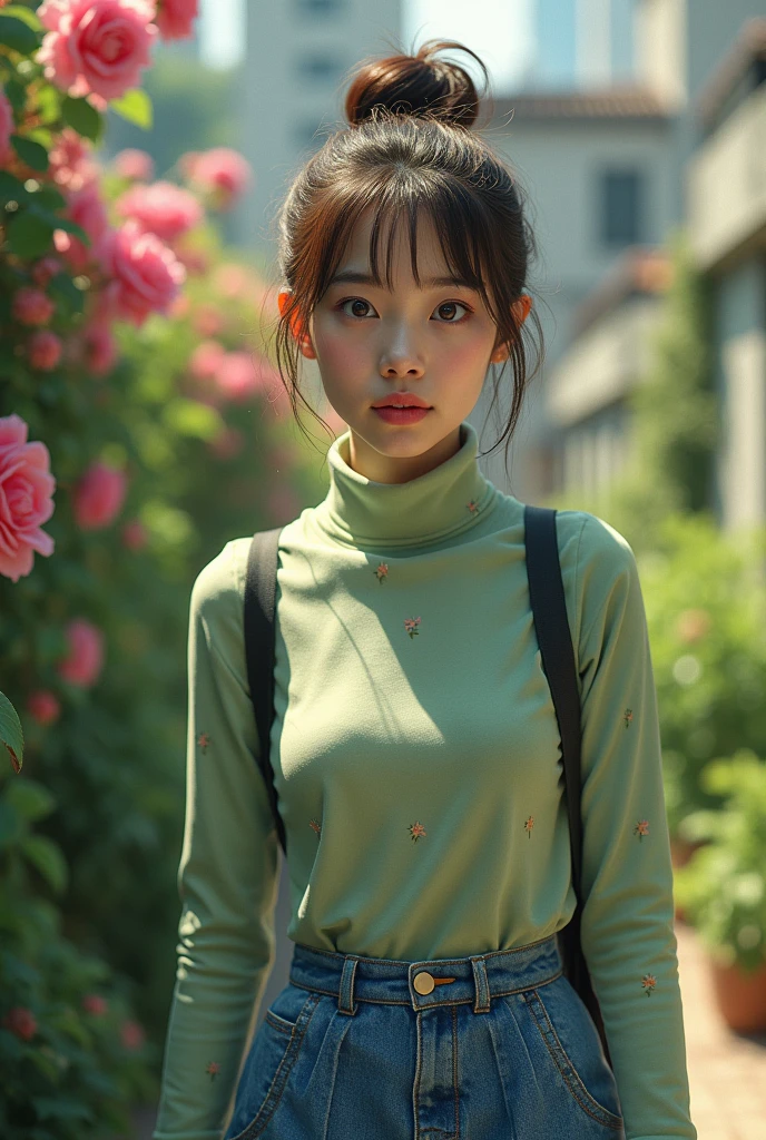 close up of a beautiful japanese woman with messy bun highlighted brown hair, turtle neck light green ((floral print fabric)) inner top and blue jeans skirt , walking and suprised face, in a rooftop garden, pink roses vines, particles and nice lighting, UHD, HDR, 8k, Masterpiece, realistic, hyper realistic