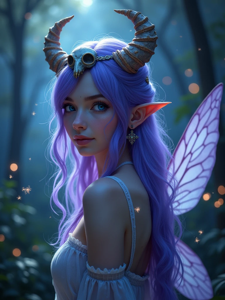 A pretty girl as a fairy with wings, detailed face, detailed hair, in a forest wearing a skull with horns as her headband, purple long hair, blue eyes,  with some small light flies flying around her, fantasy, night version, sparkling riches, highest quality, facing backwards