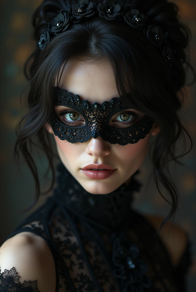 a close up of a person wearing a mask, dreamy gothic girl, elegant render, half body photo, mistress, photoshop render, ebony rococo, elegant girl, female spy, haunting beautiful young woman, super-hero girl, extravagant dress, beauty girl