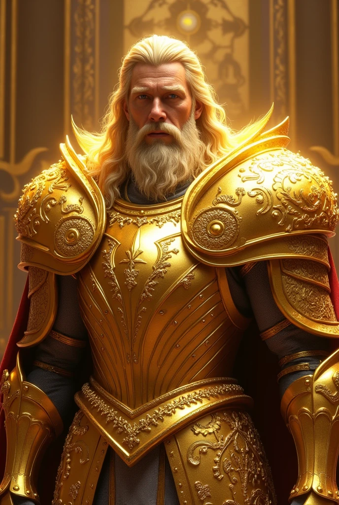 Fait moi un roi de 45 ans portant une grosse armure doré, comme la lumière, ayant des cheveux et une barbe blonde soyeuse