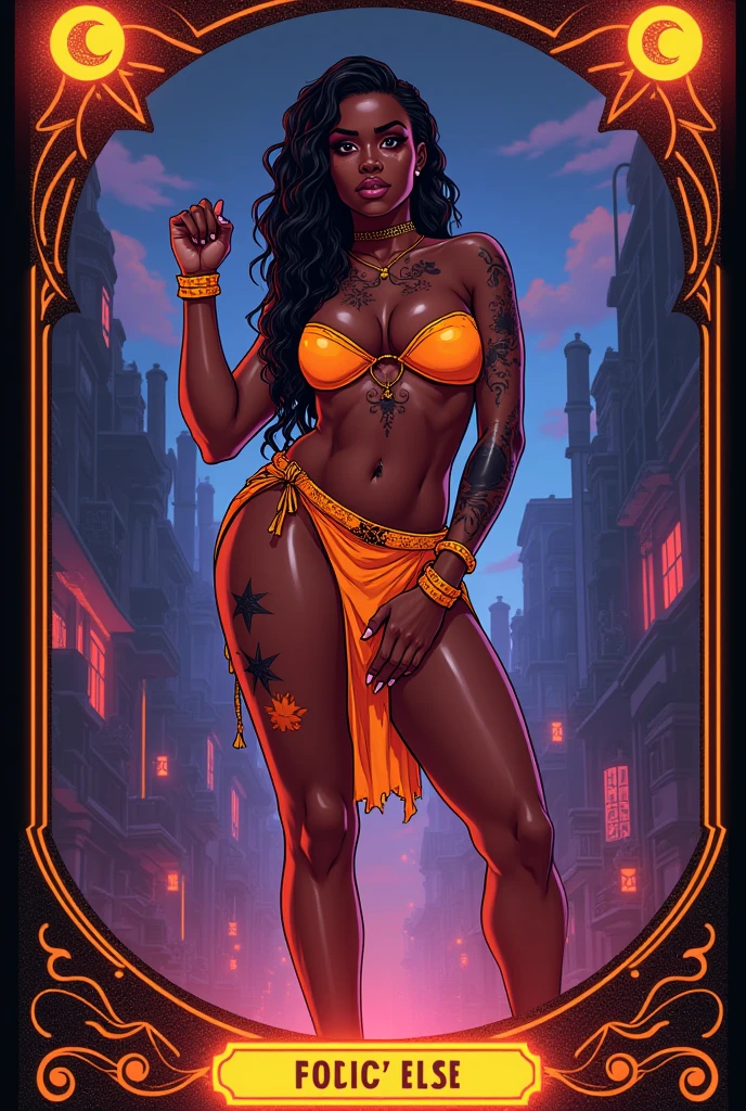 {silver text the "Sassy" ,Tarot (card)}, {{black woman, african-caribbean features, glowing magical neon moon crescent orange body tattos,kickboxer ,voluptuous, curvy, strong, shortie, sensuously cool, braided black hair, soft face, concaved flat nose, curvy hips, glasses, heterochromia wine brown eyes, orange and black star and stripe sweetheart top, split neon skirt and sandals}, falcoon, sam yang, {Murakami_Teruaki, mori_toshimichi, ishiwatari_daisuke, BENGUS}, air gear style cover}}l, {Score_8_up, full rendered, ,ultra-detailed manga, Photorealistic}, { best quality, Hdr,uhd, ultra absurdres, very aesthetic, sharp gradients, deep highlights, deep exposure, hyper magic city background, detailed smooth textures}, {dynamic posing}, {perfect hands, perfect character, perfect eyes, perfect anatomy, perfect physiques, amazing skin, beautiful detailed eyes}, {dynamic perspective, dynamic lighting, dynamic shading, atmospheric shadowing, mystical atmosphere, sense of depth},