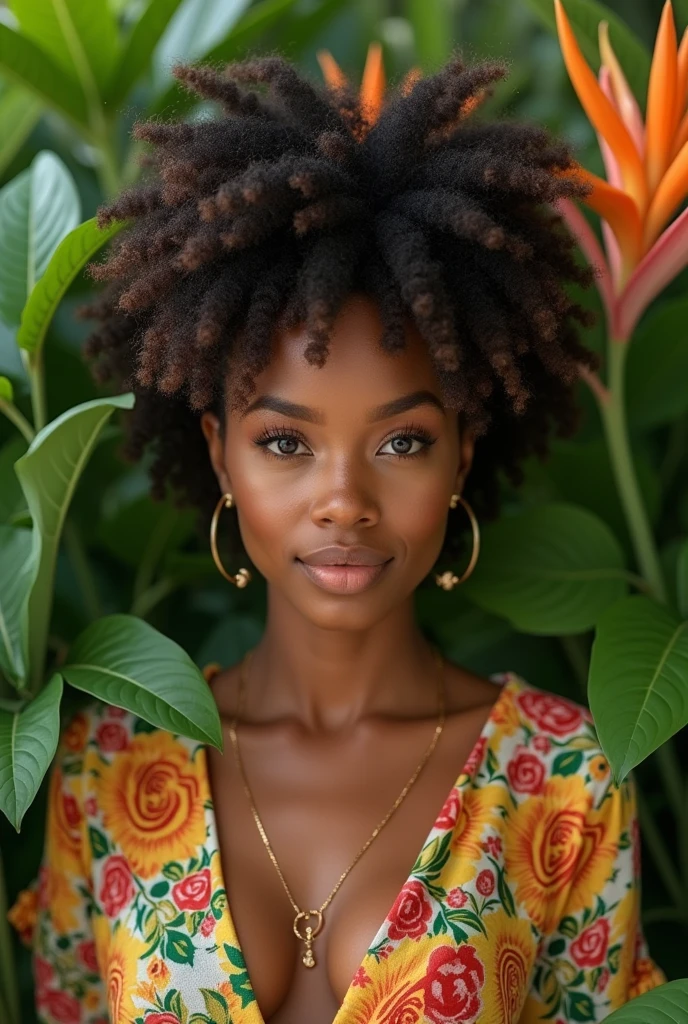 A Brazilian woman in a lush tropical garden, wearing an open shirt with a floral print, with a close-up capturing the harmonious beauty between her breasts and the natural flowers, showing off your natural charm and outgoing personality.