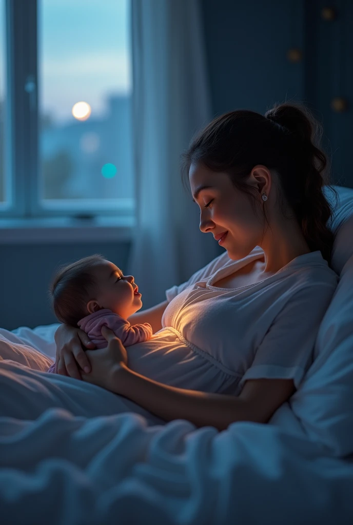 Image Prompt 3: An HD image of Amara lying in bed at night, with the moonlight casting a soft glow on her. The scene should capture her whispering comforting words to her unborn child, with a focus on the emotional and intimate moment between mother and child.