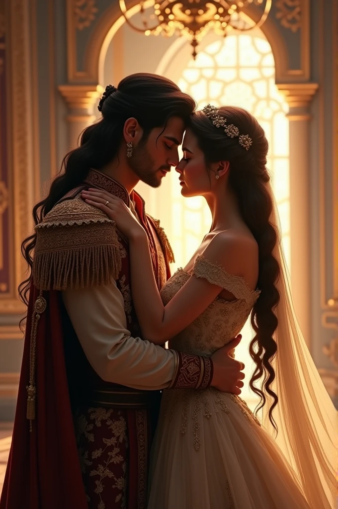 "A romantic scene in a grand palace with a regal couple in an intimate embrace. The man has dark hair and wears ornate, embroidered clothing. The woman has long, braided hair and a detailed gown. Soft, golden light filters through ornate windows, highlighting the tenderness between them."
write their names, "señorito and Snow"