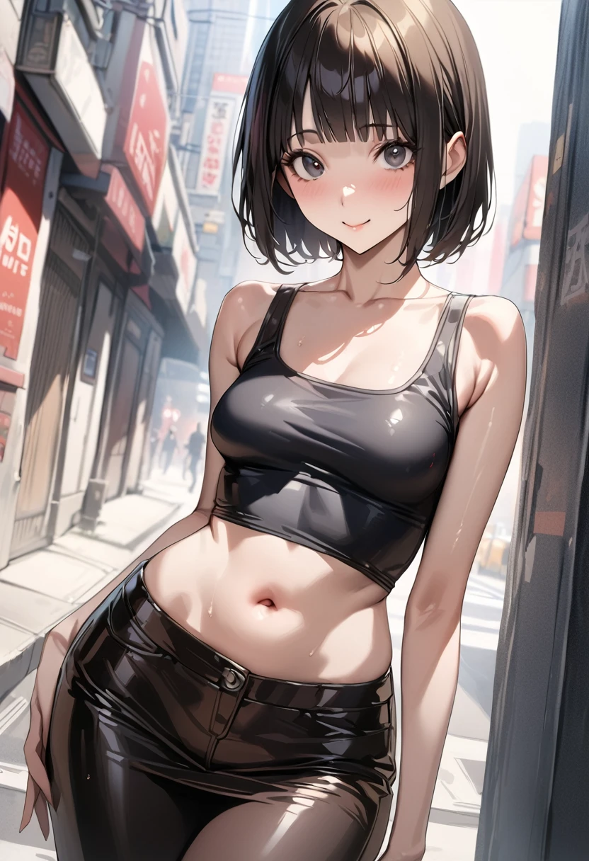((masterpiece,best quality anime,Highest quality:1.3)),realistic,portrait、upper body,1woman,(30 year old beauty),((very small head:1.4)),((very long body:1.4)),((short bob hair)),black hair,(gorgeous big eyes),black eyes,smile,((slender body:1.4,skinny:1.3)),medium breasts(Punk Fashion、navel、Tank top,Black leather mini skirt),oily skin,gleaming skin,shiny skin,standing,on street,New York City、