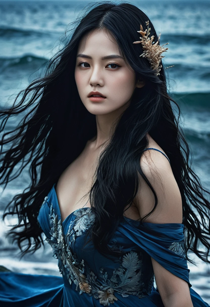 (1 character), genius extremely beautiful idol lady Keiko, (long blue and black hair), brown eyes, beautiful face), 1 genius extremely beautiful idol girl Keiko, long sideburns, plants, long blue dress, 3d, dark ocean, water, blue Ball, sea shells, windy, intricate details High Quality, 8k, Realistic, Ultra-Detailed, Dramatic Lighting, Soft Focus, Digital Illustration, Intense Expression, Strong Gaze, Intense Emotion, Complex Mechanics, Advanced Technology, Dark Background, Cinematic, High Contrast, Moody, Strict, Atmosphere, (Best Quality, 4k, 8k, High Definition, Masterpiece: 1. 2 ), ultra-detailed, (realistic, graphic, photorealistic:1.37) --no glass