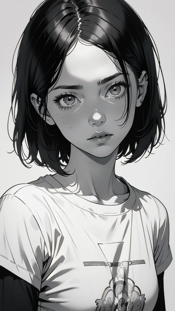 1 boyish girl, solo, sharp eyes, monochrome, greyscale, short black hair, portrait, white T-shirt, closed mouth, looking at viewer, graphite \(medium\), detailed lips, hatching \(texture\), without makeup, bangs, upper body, (best illustration), (best quality), (very detailed), (masterpiece), expressionless,