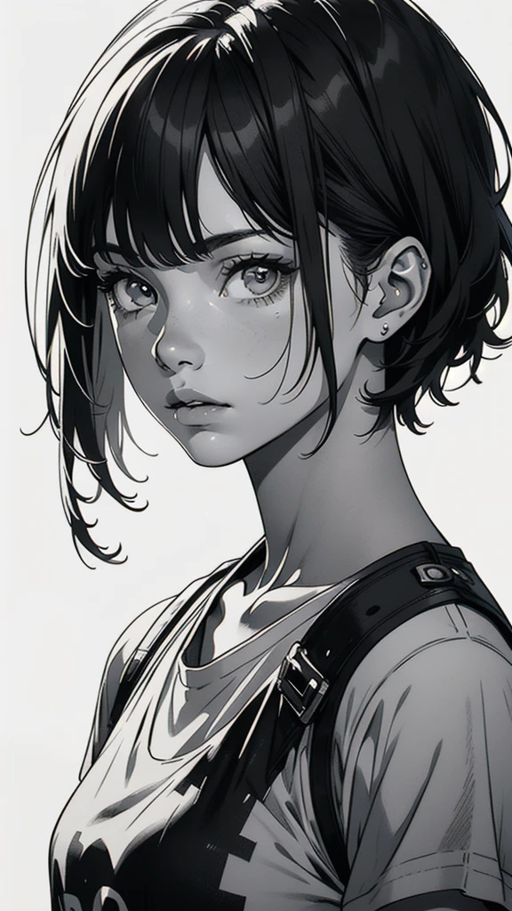 1 boyish girl, solo, sharp eyes, monochrome, greyscale, short black hair, portrait, white T-shirt, closed mouth, looking at viewer, graphite \(medium\), detailed lips, hatching \(texture\), without makeup, bangs, upper body, (best illustration), (best quality), (very detailed), (masterpiece), expressionless,