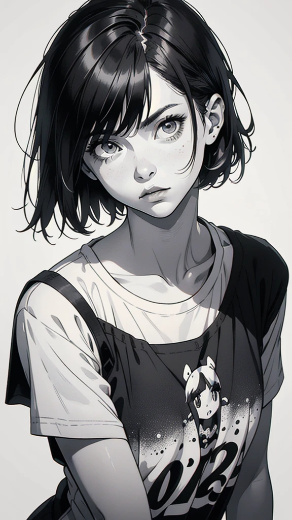 1 boyish girl, solo, sharp eyes, monochrome, greyscale, short black hair, portrait, white T-shirt, closed mouth, looking at viewer, graphite \(medium\), detailed lips, hatching \(texture\), without makeup, bangs, upper body, (best illustration), (best quality), (very detailed), (masterpiece), expressionless,