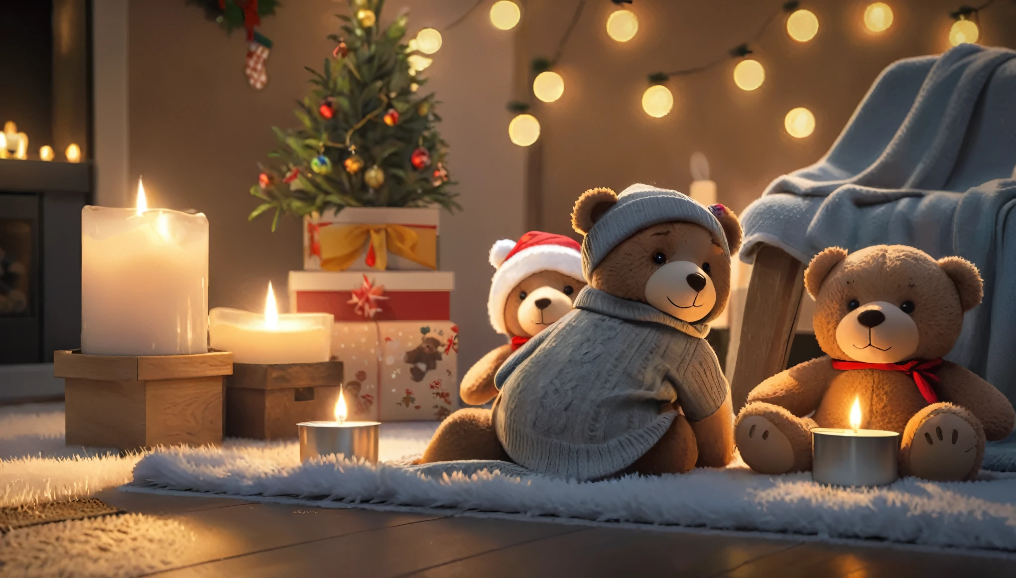 There are two teddy bears sitting on a blanket with a candle, Cozy candlelight, Cozy home background, cozy wallpaper, Cute 3D rendering, v-rayでレンダリング, Cozy environment, Cozy atmosphere, Christmas Night, Pleasant lighting, Night atmosphere, Cozy atmosphere, Vray 8K Rendering, Unreal Engine ; Romantic Theme, Realistic soft lighting, Highly detailed soft lighting