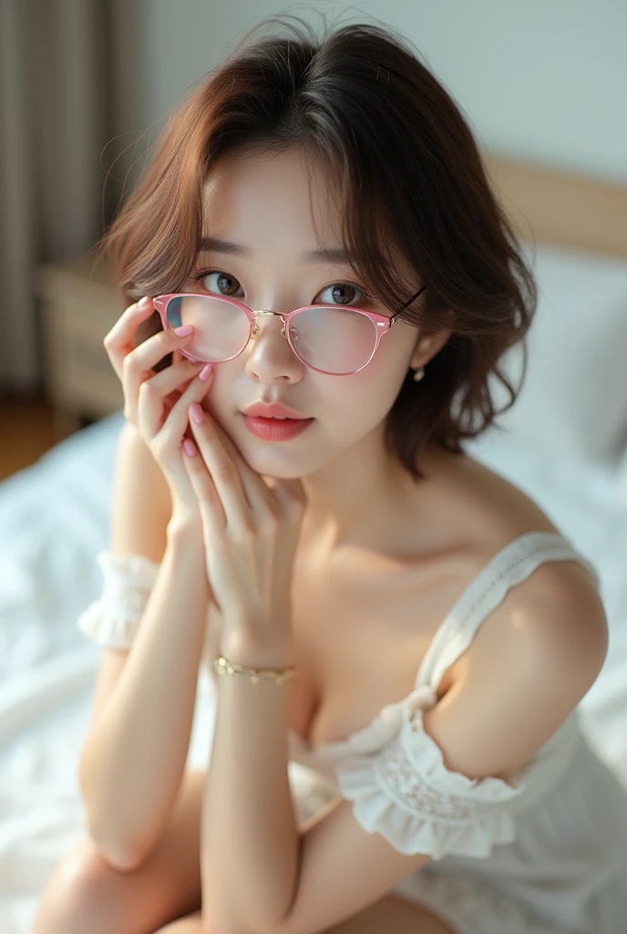 photo Realistic:1.2, 最high quality, 最high quality, Ultra-high resolution, RAW Photos, Realistic, Bright lighting, Face Light, Smooth Professional Lighting, Looking into the camera, alone, (Perfect body structure):2.0, Adult female, ((Japanese,)) (((Beautiful woman))), (((Super Beauty))), Realistic skin, Moisturized Skin, (Realistic eyes and faces):1.9, Perfect model body shape, Beautiful Eyes, Big eyes, Inconspicuous tear bags, slim, Big Breasts:1.3, very good, No makeup, Beautiful fingers, Very short hair, Brown Hair, Brown eyes, (Looks happy), (Both ears are covered by hair), Cowboy Shot), (Glasses with pink frames), (((Biomechanical))), (((White Dress, Frills, race))),(((white race panties))), (((Bedroom))), Sit on your knees on the bed:1.8, Spread your legs:1.9, masterpiece, masterpiece, Anatomically correct, Attention to detail, high quality