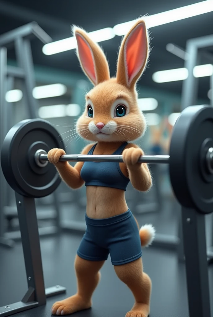 A bunny training in the gym with clothes