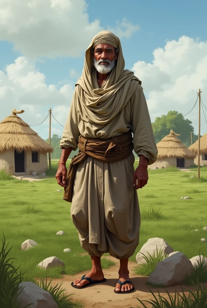 A humble farmer named Ahmed, wearing simple, worn-out clothes, is standing in front of his small, green field. The field is partially covered with small rocks and stones. Ahmed's face shows determination and hope despite his difficult circumstances. The village is visible in the background with small, thatched-roof houses and a peaceful
