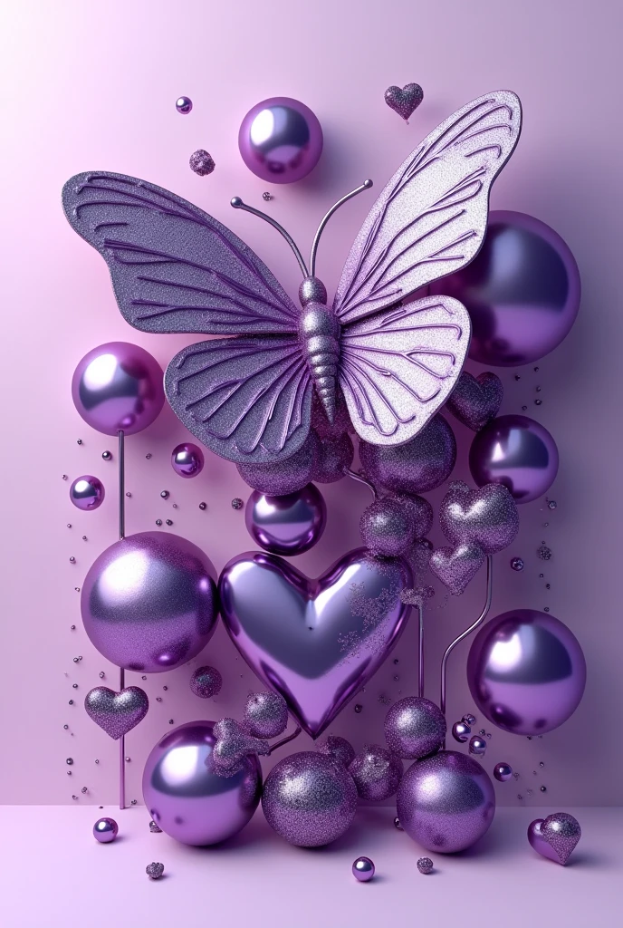 Name "Uwiduhaye" 3D metallic purple glitter with metallic purple heart, metallic purple butterfly, metallic purple peal. Everything in front 3D rendering, typography, 3d render, poster, fashion