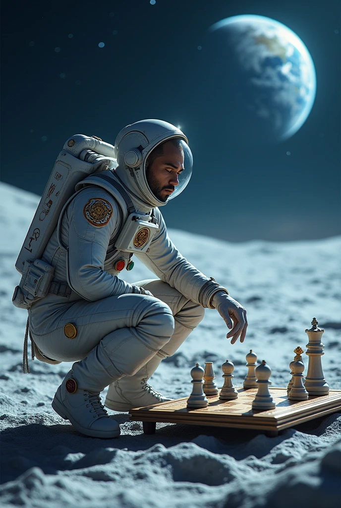 Human with Astrology suit playing Chess in moon