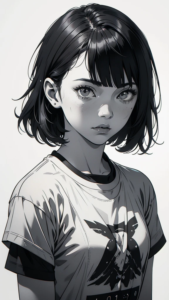 1 boyish girl, solo, sharp eyes, monochrome, greyscale, short black hair, portrait, white T-shirt, closed mouth, looking at viewer, graphite \(medium\), detailed lips, hatching \(texture\), without makeup, bangs, upper body, (best illustration), (best quality), (very detailed), (masterpiece), expressionless,