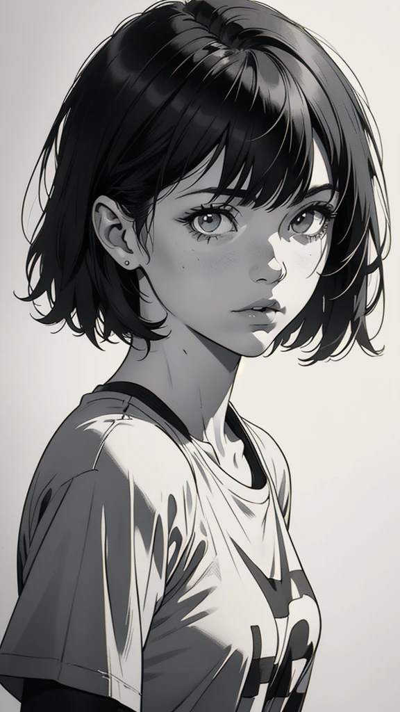 1 boyish girl, solo, sharp eyes, monochrome, greyscale, short black hair, portrait, white T-shirt, closed mouth, looking at viewer, graphite \(medium\), detailed lips, hatching \(texture\), without makeup, bangs, upper body, (best illustration), (best quality), (very detailed), (masterpiece), expressionless,