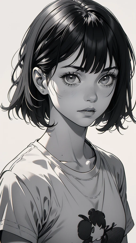 1 boyish girl, solo, sharp eyes, monochrome, greyscale, short black hair, portrait, white T-shirt, closed mouth, looking at viewer, graphite \(medium\), detailed lips, hatching \(texture\), without makeup, bangs, upper body, (best illustration), (best quality), (very detailed), (masterpiece), expressionless,