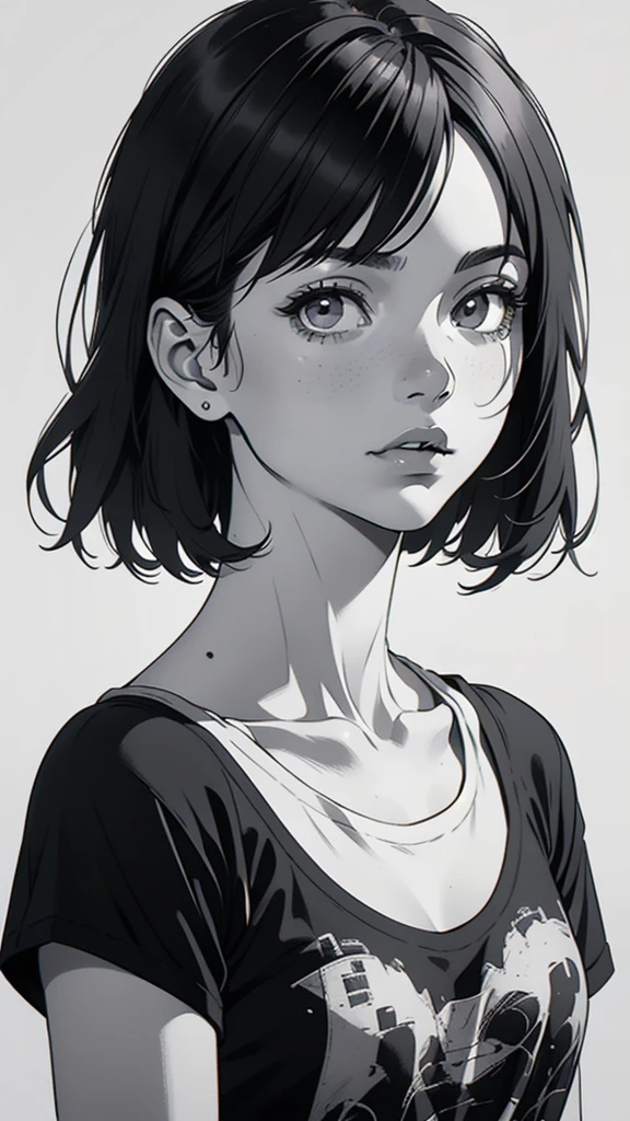 1 boyish girl, solo, sharp eyes, monochrome, greyscale, short black hair, portrait, white T-shirt, closed mouth, looking at viewer, graphite \(medium\), detailed lips, hatching \(texture\), without makeup, bangs, upper body, (best illustration), (best quality), (very detailed), (masterpiece), expressionless,