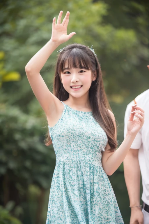 A girl in a party dress is waving