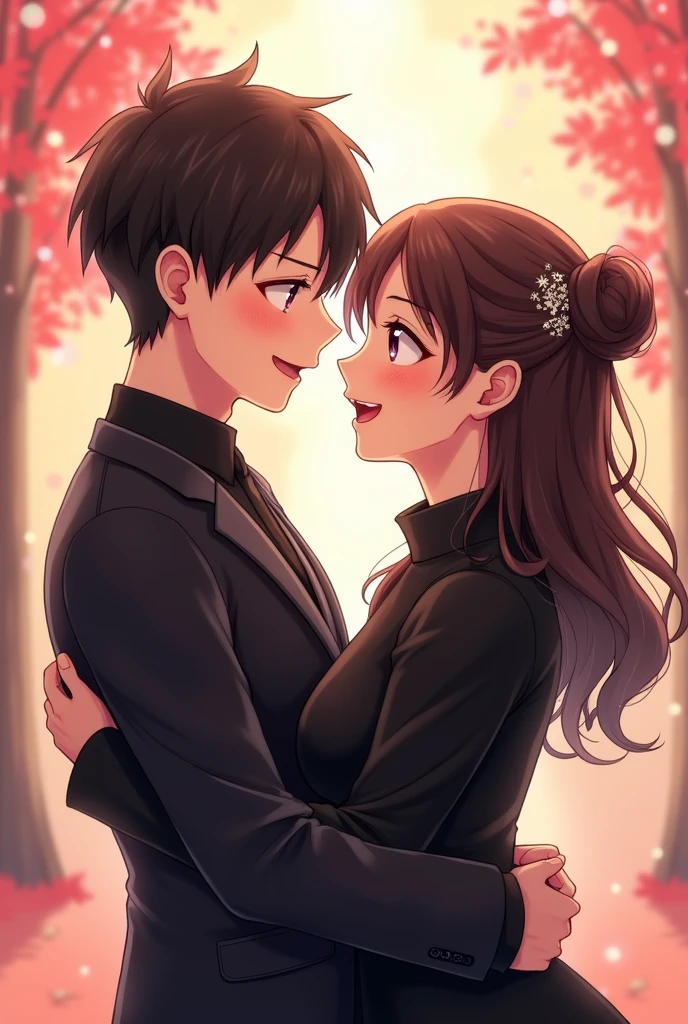 Anime cute couple, black outfit, happiness