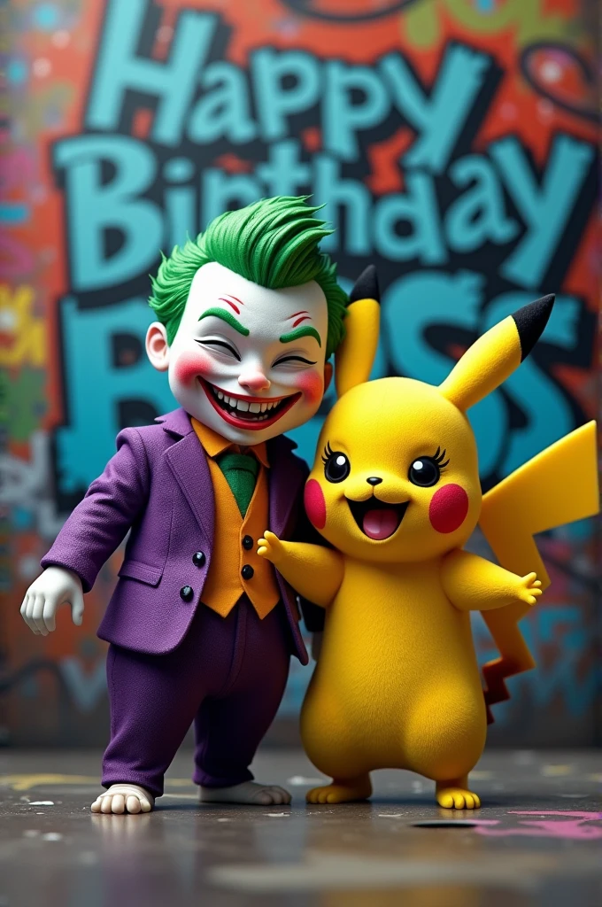 Joker with pikachi smiling and behind on wall written happy birthday boss