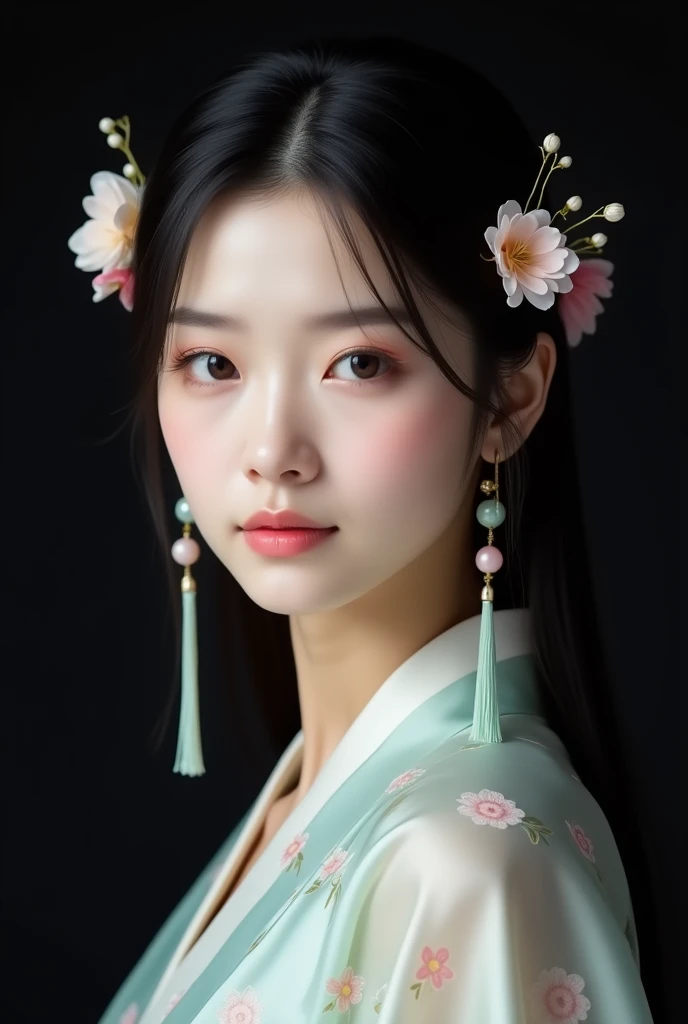 A close-up portrait of a young Asian woman with a pale complexion, smooth and flawless skin, and strikingly large eyes with delicate makeup, including soft pink lips. She has long, straight, black hair adorned with delicate floral hairpins and tassels, featuring a mix of soft pink and white flowers. The woman's expression is slightly serious yet elegant, with a gentle and serene look. She wears a traditional, light-colored robe with subtle floral patterns. The background is a solid black, which contrasts with her light skin and adds depth to the image. The lighting is soft and focused on her face, highlighting her features and giving a slight glow to her hair. The composition centers her face, creating a balanced and harmonious image.