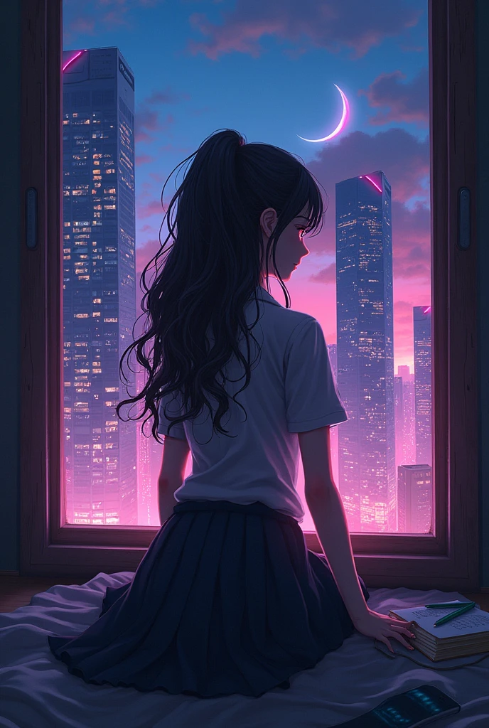 She looks cute on the outside but is very cold on the inside. She dresses conservatively but is a bit sexy. Her eyes are red, clearly showing a scary look, her hair is loose and long, she looks like an anime. She is studying through a window view a city with many lights of neon modern high-rise buildings in the evening.