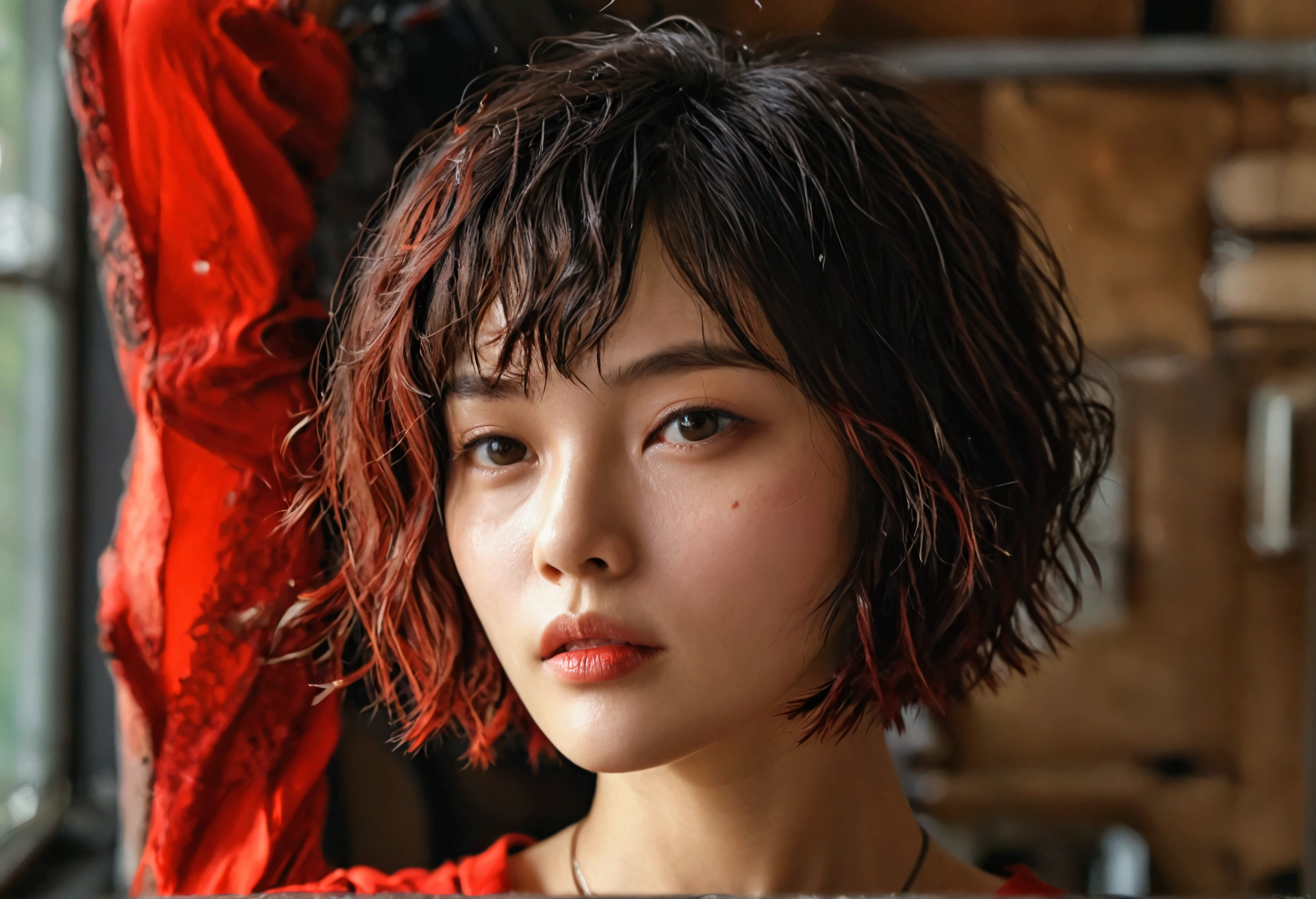 Wearing a red shirt、Short, messy bob hair