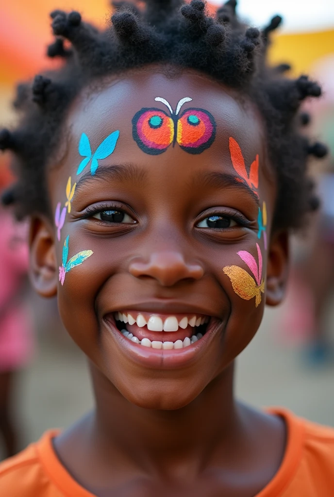 Create a close-up image of a joyful Black child with vibrant face paint. The child is smiling widely, with colorful patterns painted on their cheeks and forehead, such as butterflies, flowers, or a superhero mask. The background is bright and festive, with hints of other children and festival decorations in the distance. The overall atmosphere should be full of happiness and excitement, capturing the playful and artistic nature of face painting at a celebration."