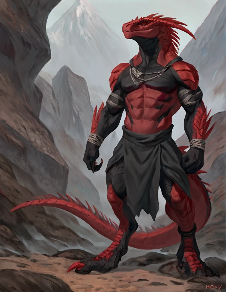 a ferocious male lizardfolk, anthro Glavenus, solo, scaly detailed body, full body, crimson red and black color body, red eyes, comicbook style, best quality, 4k, ultra-detailed, by laobai, by taran fiddler, by honovy